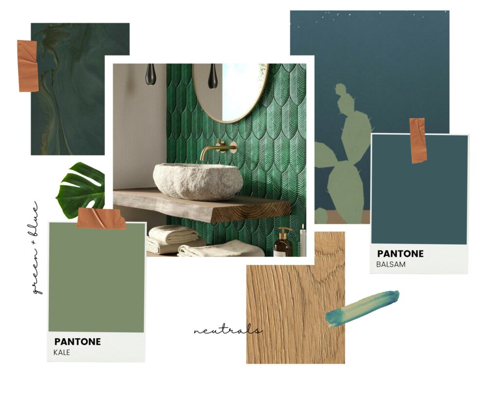 Products on the moodboard: ABK "Wide&Style" collection, De' Venetia "Marco Polo Maxi" collection, Acquario Due "Calathea" collection, Iris Ceramica "Diesel - Cosmic Marble" collection.