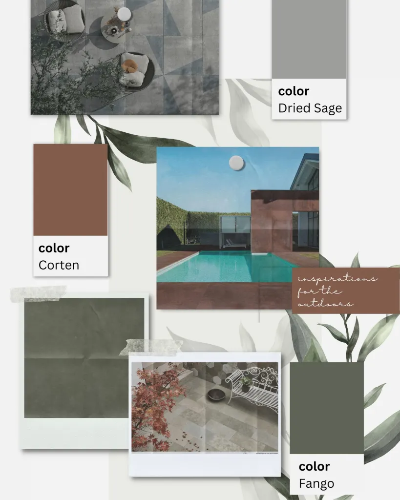 Products on the moodboard (from the top): "Evo 2" by Mirage, "Blaze" by Atlas Concorde, "I Neutri" by Artesia