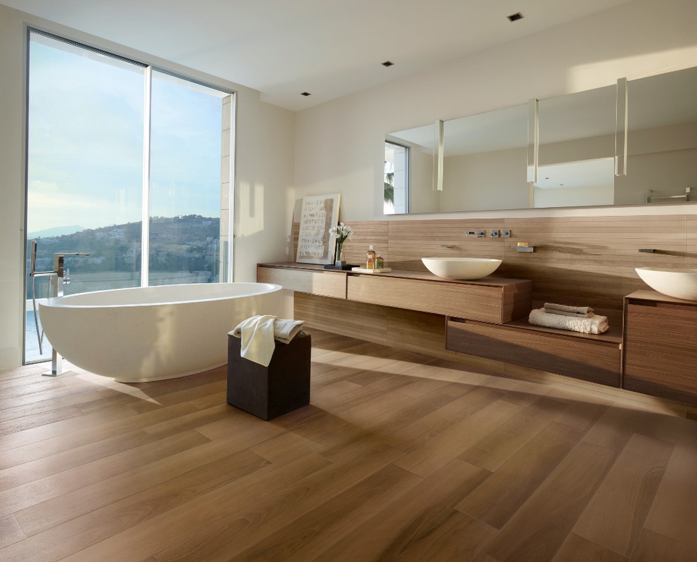 Bathroom with wood effect porcelain stoneware tiles by Caesar