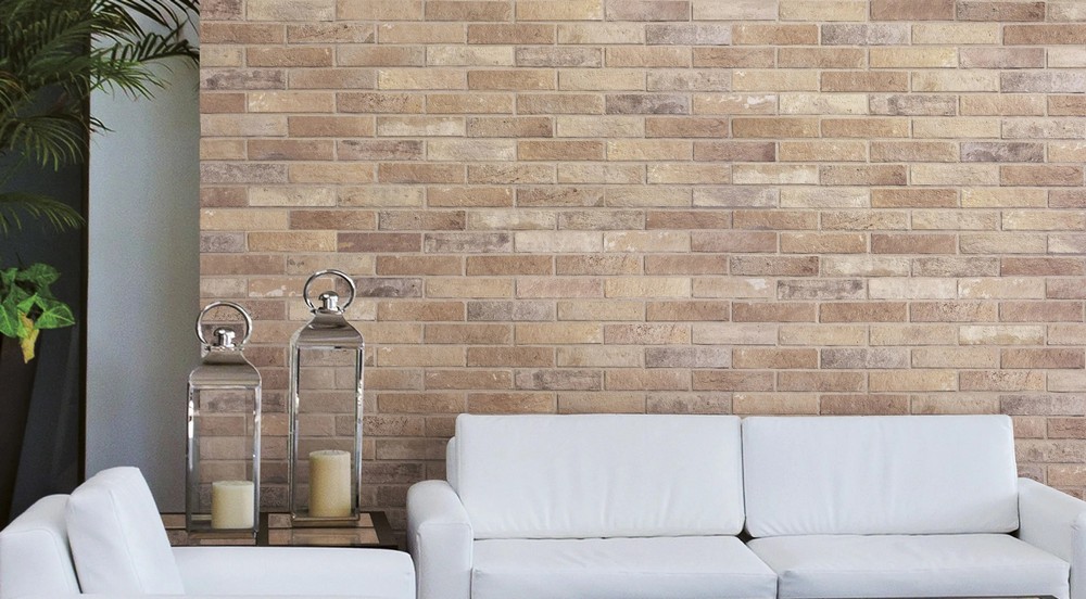 Brick wall living room with tiles from Bristol collection by Ceramica Rondine