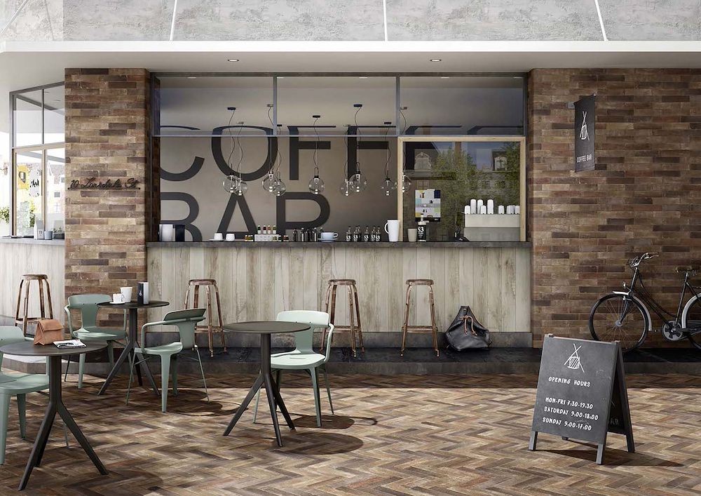 Industrial style coffee bar with tiles from Terramix collection by Marazzi