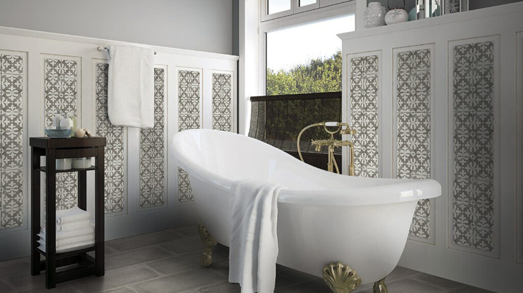 Retro-style bathroom with tiles from the Palazzo collection by Stonepeak Ceramics