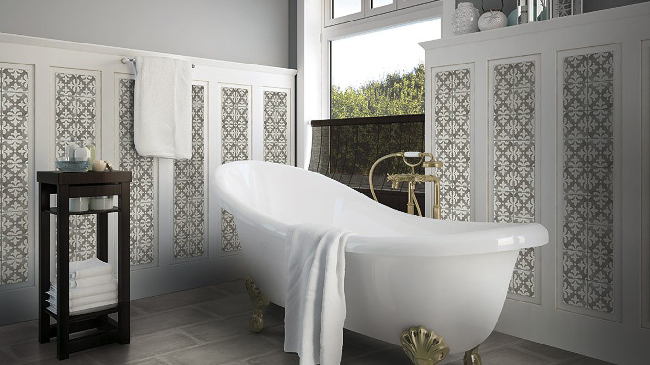 Retro-style bathroom with tiles from the Palazzo collection by Stonepeak Ceramics