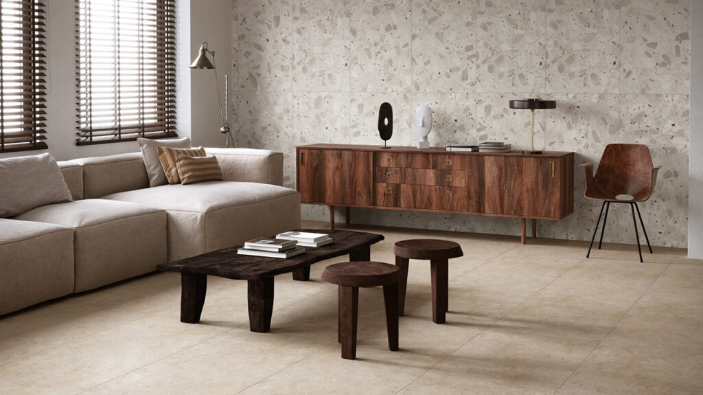 Contemporary living room with wall tiles from the Brera collection by Herberia